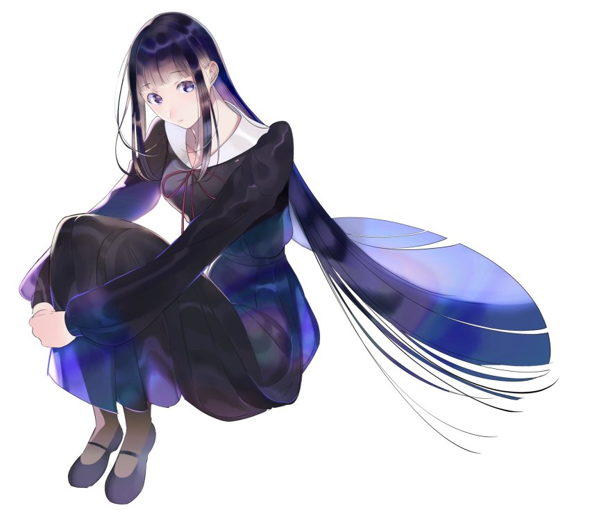 1girl, black_dress, black_hair, black_shoes, blue_dress, blue_eyes, blue_hair, blunt_bangs