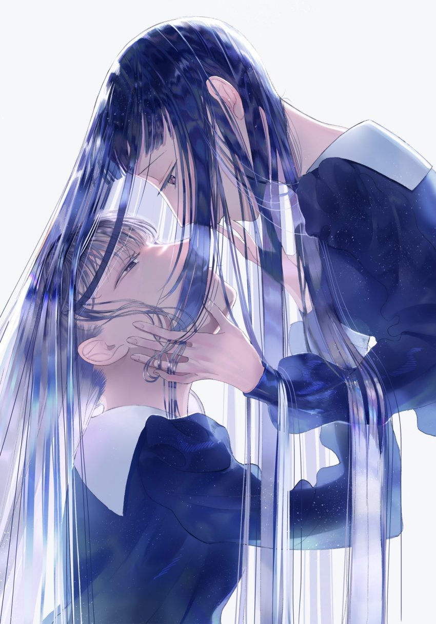 2girls, between_fingers, blue_dress, blue_hair, blunt_bangs, brown_eyes, brown_hair, dress