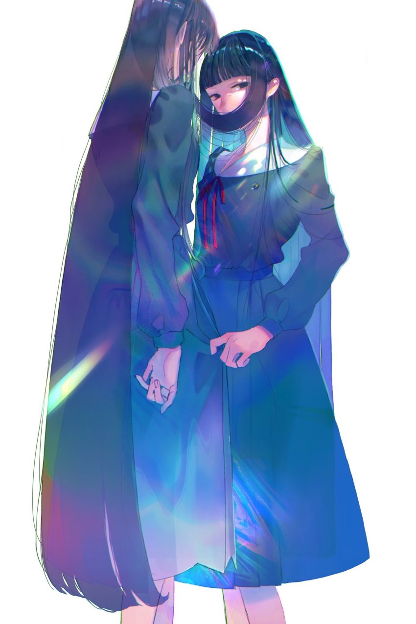 2girls, badge, black_hair, blue_dress, blunt_bangs, brown_eyes, brown_hair, clothes_grab, covered_mouth, dress, face-to-face, feet_out_of_frame, grabbing_another's_dress, hair_over_mouth, hara_yuriko, highres, kissing_hair, long_hair, long_sleeves, looking_at_viewer, mayu_matou, multiple_girls, neck_ribbon, official_art, puffy_long_sleeves, puffy_sleeves, red_ribbon, ribbon, sash, school_uniform, serafuku, sideways_glance, simple_background, standing, straight_hair, sunlight, very_long_hair, white_background
