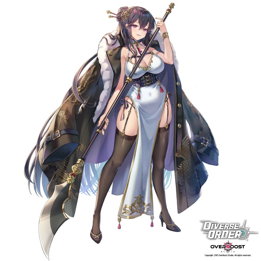 1girl, bad_id, bad_twitter_id, blush, bracelet, breasts, brown_hair, cleavage, coat, coat_on_shoulders, commentary_request, copyright_name, covered_navel, diverse_order, dress, fingernails, full_body, fur_trim, garter_straps, hair_ornament, hair_stick, high_heels, highres, holding, holding_weapon, jewelry, large_breasts, long_hair, looking_at_viewer, naginata, nail_polish, official_art, open_mouth, polearm, purple_eyes, shiny_clothes, simple_background, sleeveless, sleeveless_dress, smile, solo, standing, thighhighs, thighs, weapon, white_background, yeonwa