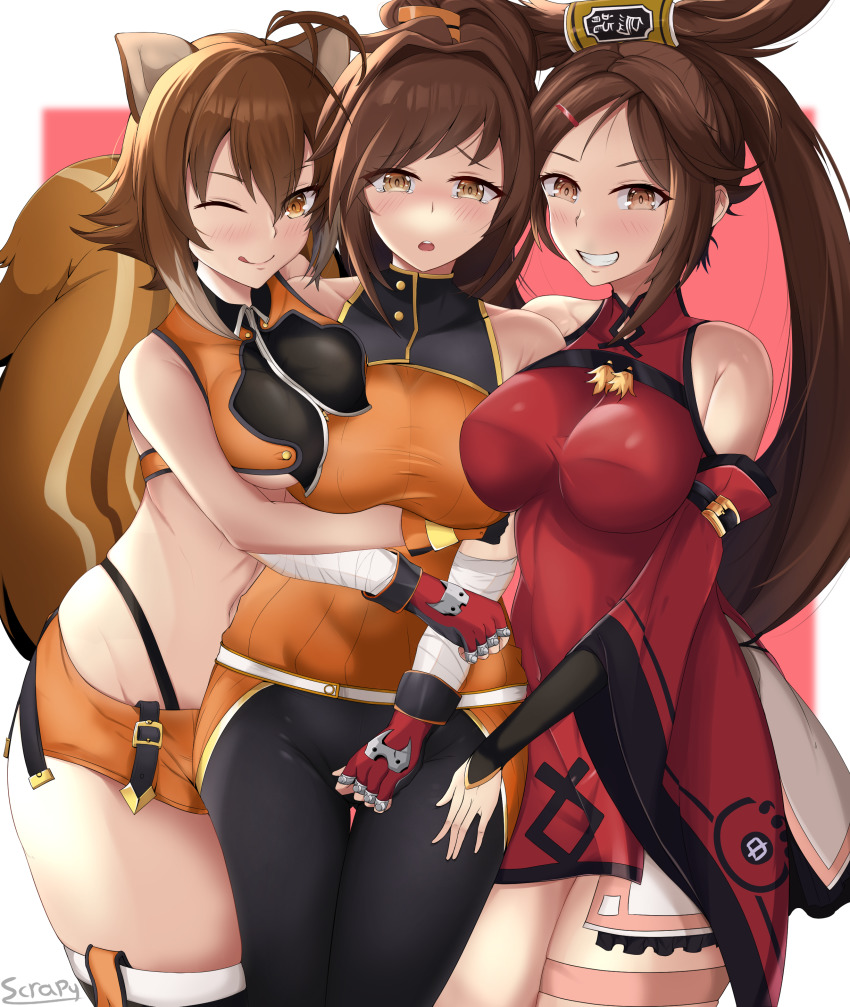 3girls, absurdres, animal_ears, artist_name, bandages, bare_shoulders, blazblue, blush
