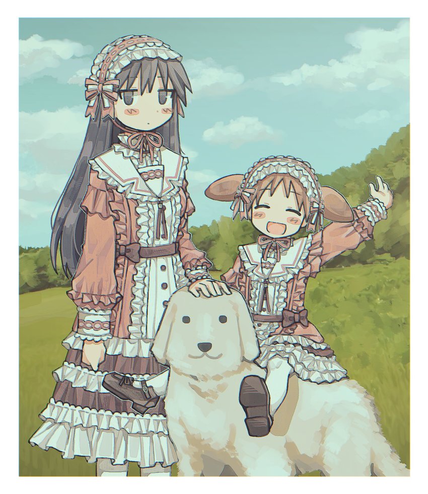 2girls, accurate_lolita_coord, azumanga_daiou, black_eyes, black_hair, blush, brown_footwear, brown_hair, closed_eyes, day, dog, facing_viewer, grass, highres, lolita_fashion, long_hair, long_sleeves, looking_at_viewer, mihama_chiyo, multiple_girls, open_mouth, outdoors, rnfhv, sakaki_(azumanga_daioh), short_hair, short_twintails, smile, sweet_lolita, tadakichi-san, twintails