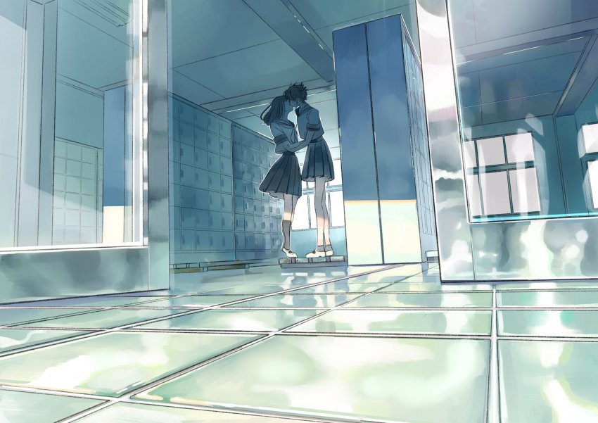 2girls, black_hair, black_socks, ceiling, ceiling_light, copyright_request, couple, day, fluorescent_lamp, from_below, from_side, hara_yuriko, highres, indoors, kneehighs, locker, medium_hair, miniskirt, multiple_girls, neckerchief, pleated_skirt, scenery, school, school_uniform, serafuku, shoes, short_hair, short_sleeves, skirt, socks, standing, tile_ceiling, tile_floor, tile_wall, tiles, tiptoes, uwabaki, very_short_hair, white_footwear, yuri