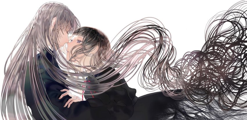 2girls, black_dress, blunt_bangs, brown_hair, closed_eyes, dress, face-to-face, fingernails