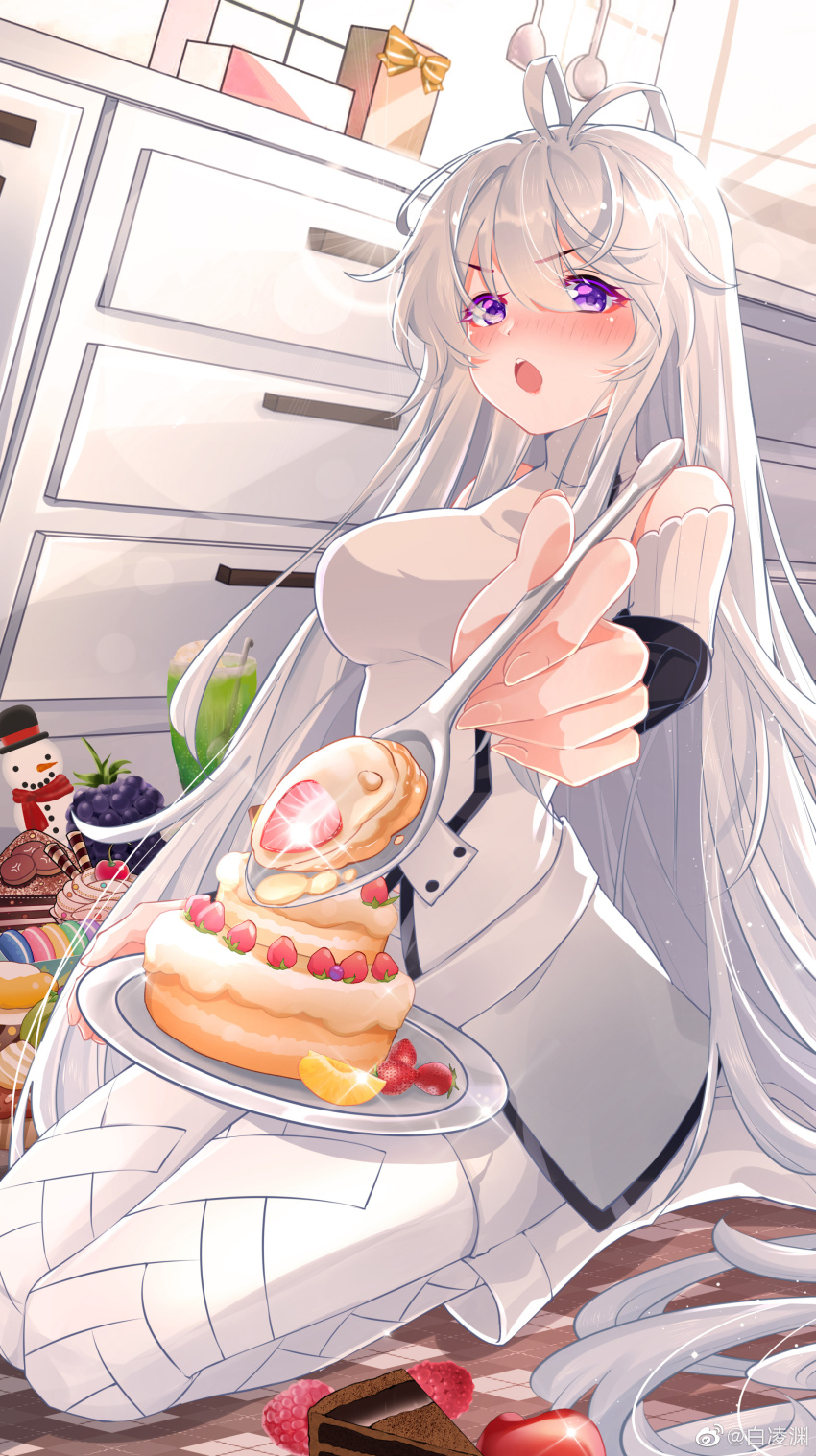 1girl, absurdres, ahoge, bai_lingyuan, blush, cake, desert, douluo_dalu