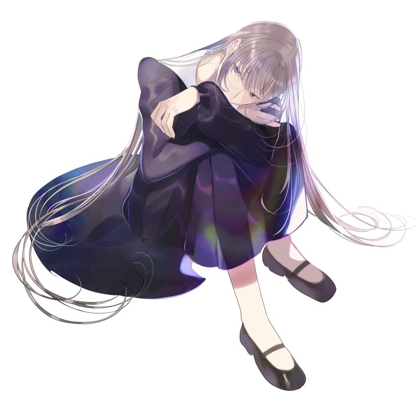 1girl, black_dress, black_shoes, brown_hair, covered_mouth, crossed_arms, dress, full_body