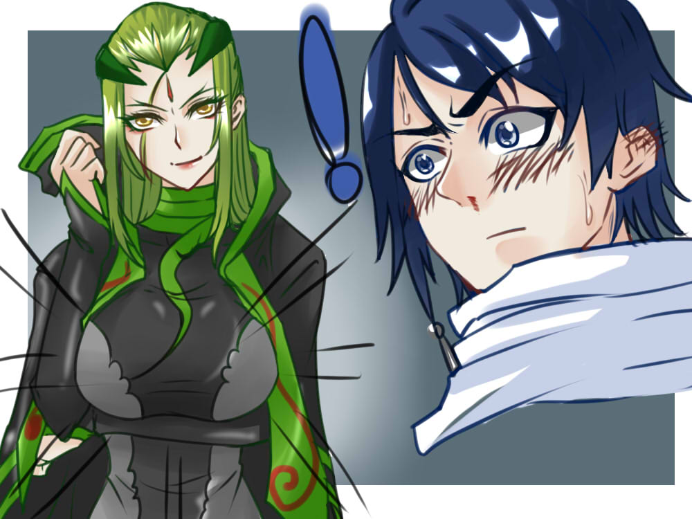 !, 1girl, anyu_li_ming, blue_hair, blush, breasts, douluo_dalu, facial_mark, forehead_mark, genderswap, genderswap_(mtf), green_hair, lamia, large_breasts, long_hair, monster_girl, short_hair, surprised, tang_san, yellow_eyes