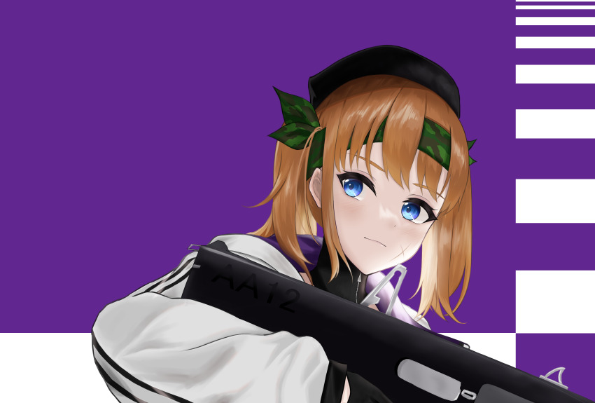 1girl, aa-12, aa-12_(girls'_frontline), aa-12_(girls'_frontline)_(cosplay), absurdres, assault_rifle, automatic_shotgun, beret