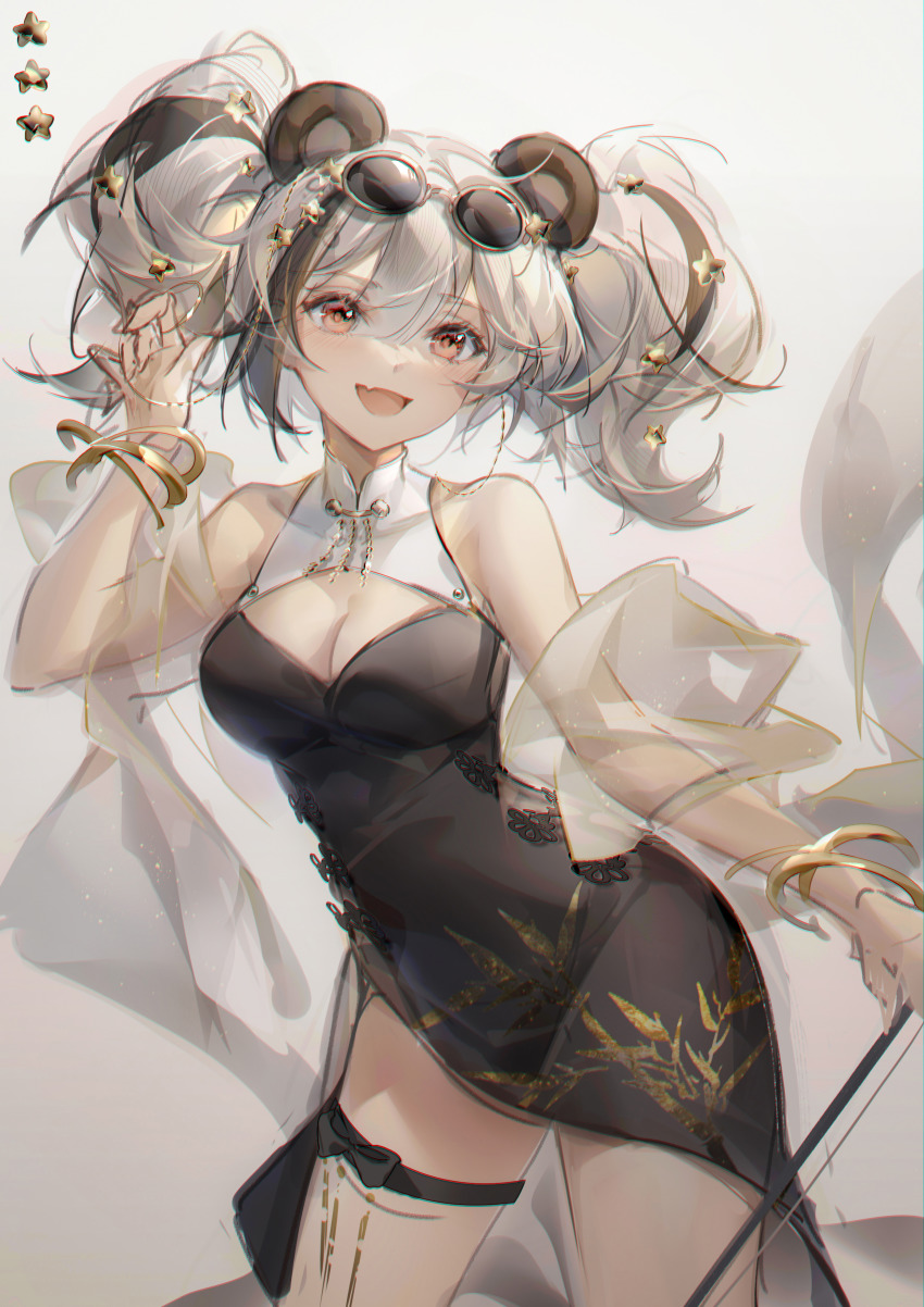 1girl, :d, absurdres, ambience_synesthesia, animal_ears, arknights, artist_name, bare_shoulders, bear_ears, black_dress, black_hair, blush, bracelet, breasts, cleavage, cleavage_cutout, clothing_cutout, contrapposto, cowboy_shot, dress, eyewear_on_head, fang, feater_(ambience_synesthesia)_(arknights), feater_(arknights), hair_ornament, highres, irisrey, jewelry, looking_at_viewer, medium_breasts, multicolored_hair, official_alternate_costume, open_mouth, pelvic_curtain, red_eyes, see-through_clothes, shawl, short_twintails, silver_hair, skin_fang, sleeveless, sleeveless_dress, smile, solo, star_(symbol), star_hair_ornament, streaked_hair, sunglasses, thigh_strap, twintails, two-tone_hair