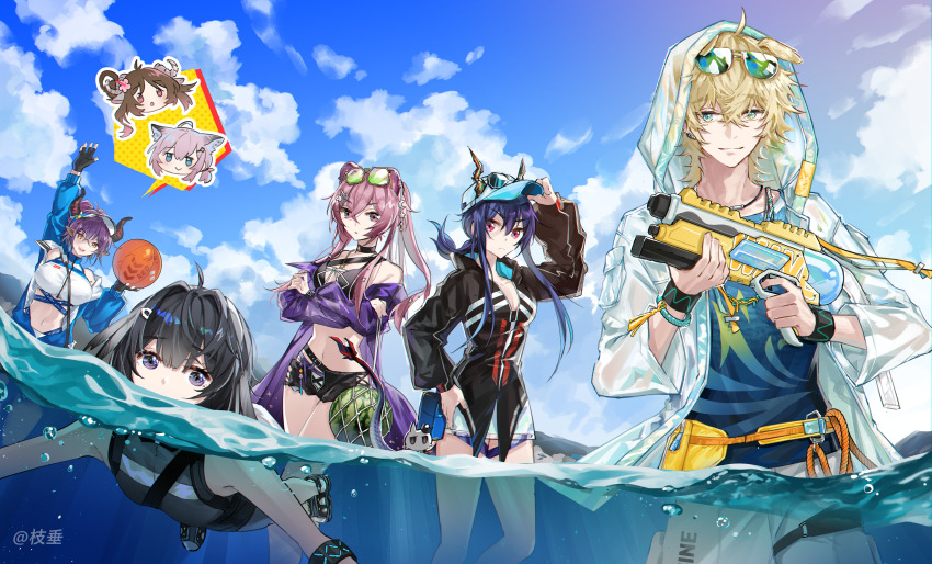 1boy, 4girls, absurdres, animal_ears, arknights, arm_up, artist_name, ball