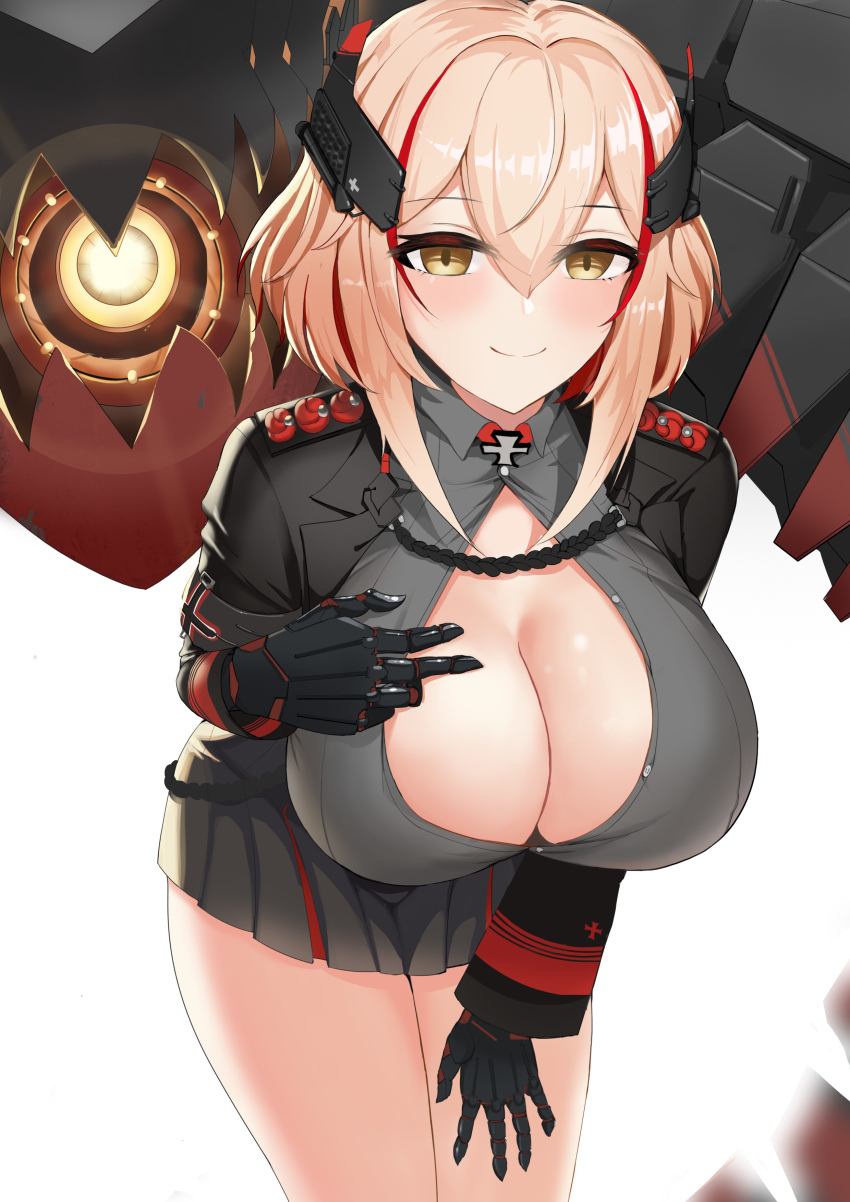 1girl, absurdres, azur_lane, black_jacket, black_skirt, breasts, cleavage, cowboy_shot, hand_on_own_chest, headgear, highres, jacket, large_breasts, leaning_forward, light_brown_hair, looking_at_viewer, mechanical_hands, medium_hair, miniskirt, non-humanoid_robot, partially_unbuttoned, red_hair, rihua_(shichangcwy), robot, robot_animal, roon_(azur_lane), simple_background, skirt, solo, standing, white_background, yellow_eyes