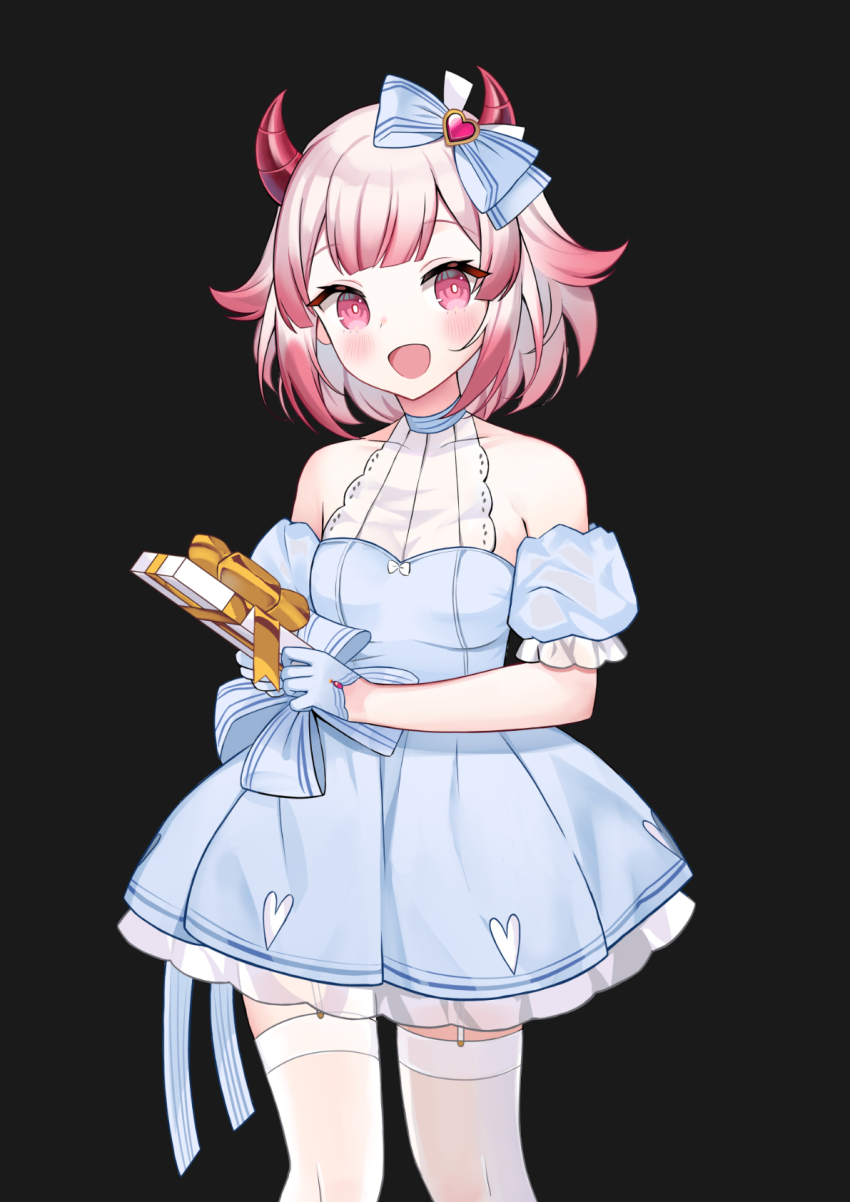 1girl, black_background, blue_bow, blue_dress, blush, bow, demon_horns, detached_sleeves
