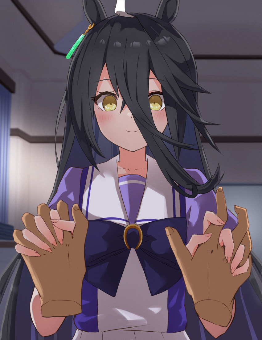 ahoge, animal_ears, black_hair, blush, collarbone, commentary_request, hair_between_eyes, hair_ornament