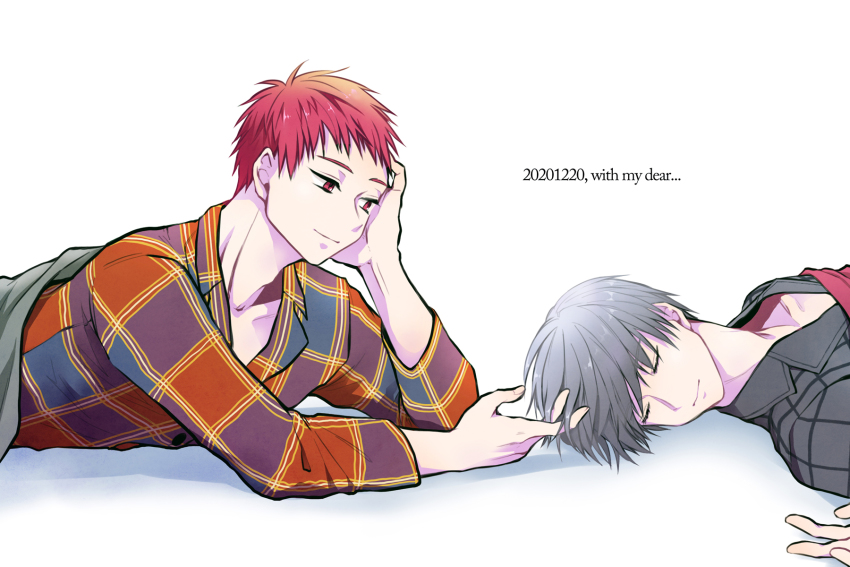 1220x0301, 2boys, akashi_seijuurou, closed_mouth, grey_hair, hand_on_own_face, happy_birthday, head_rest
