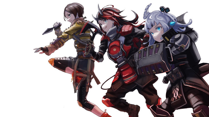 1boy, 2girls, absurdres, and_uge, apex_legends, axe, black-framed_eyewear, black_hair, black_pants, bloodhound_(apex_legends), bloodhound_(apex_legends)_(cosplay), blue_eyes, brown_hair, character_request, closed_mouth, commentary_request, cosplay, dark_side_gibraltar, demon_girl, demon_horns, demon_tail, feet_out_of_frame, final_sunset_wraith, fingerless_gloves, gibraltar_(apex_legends), gin_(tttetu123), gloves, grey_hair, head_wings, highres, holding, holding_axe, holding_knife, hope's_dusk_(apex_legends), horns, jacket, knee_pads, knife, long_hair, looking_afar, multicolored_hair, multiple_girls, nanashi_inc., pants, pointy_ears, pouch, real_life, red_hair, royal_guard_bloodhound, ryugasaki_rene, shield, short_hair, shoulder_pads, simple_background, single_head_wing, smile, sudetaki, tactical_clothes, tail, transparent_background, two-tone_hair, virtual_youtuber, wings, wraith_(apex_legends), yellow_jacket