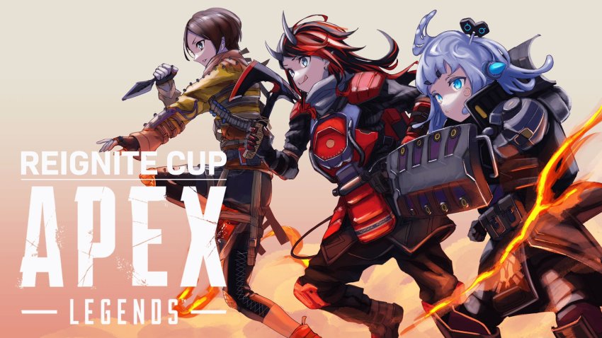 1boy, 2girls, and_uge, apex_legends, axe, black-framed_eyewear, black_hair, black_pants, bloodhound_(apex_legends), bloodhound_(apex_legends)_(cosplay), blue_eyes, brown_hair, character_request, closed_mouth, commentary_request, copyright_name, cosplay, dark_side_gibraltar, demon_girl, demon_horns, demon_tail, feet_out_of_frame, final_sunset_wraith, fingerless_gloves, gibraltar_(apex_legends), gin_(tttetu123), gloves, grey_hair, head_wings, highres, holding, holding_axe, holding_knife, horns, jacket, knee_pads, knife, long_hair, looking_afar, multicolored_hair, multiple_girls, nanashi_inc., pants, pointy_ears, pouch, real_life, red_hair, royal_guard_bloodhound, ryugasaki_rene, shield, short_hair, shoulder_pads, single_head_wing, smile, sudetaki, tactical_clothes, tail, two-tone_hair, virtual_youtuber, wings, wraith_(apex_legends), yellow_jacket