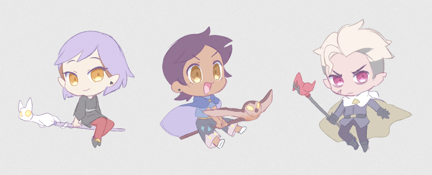 1boy, 2girls, akasaka_(qv92612), amity_blight, black_footwear, blonde_hair, brown_eyes, brown_hair