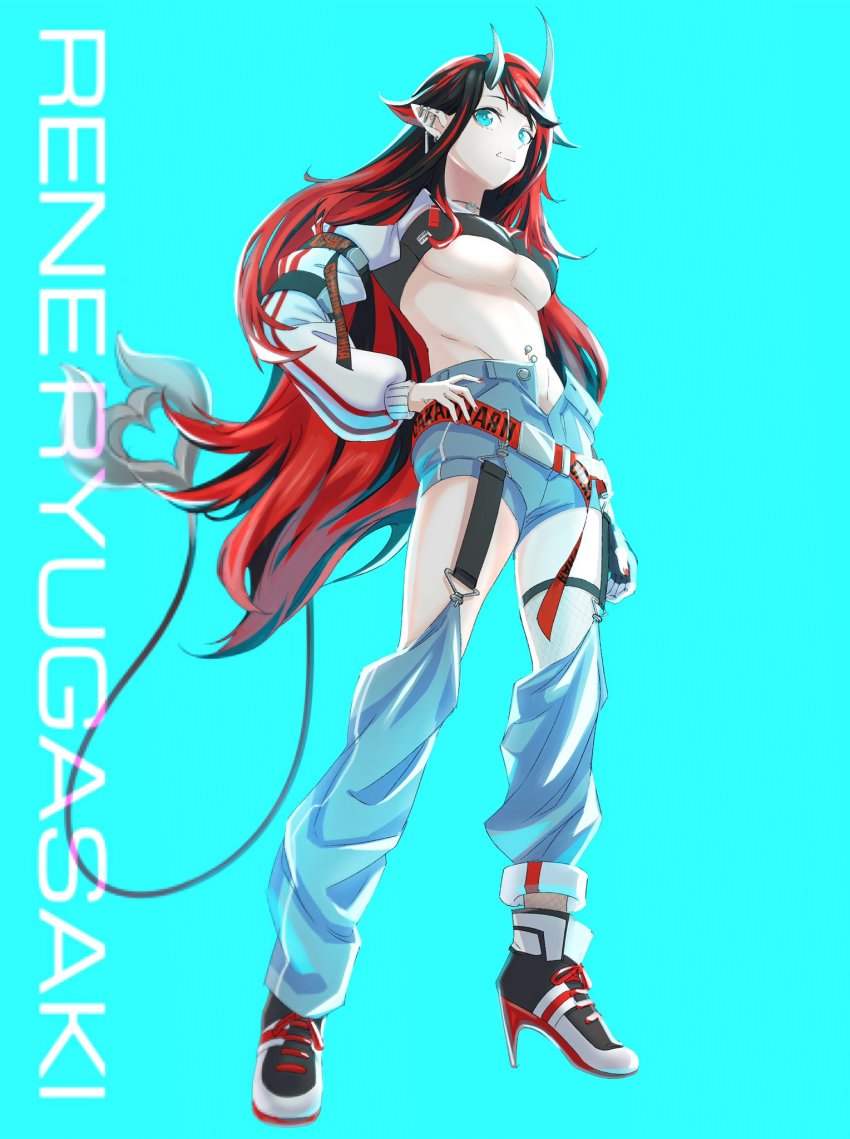 1girl, arm_strap, belt, bikini, bikini_top_only, black_bikini, black_footwear, black_hair