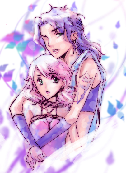 10s, 2girls, bare_shoulders, black_hair, blue_eyes, colored_skin, detached_sleeves, female_focus