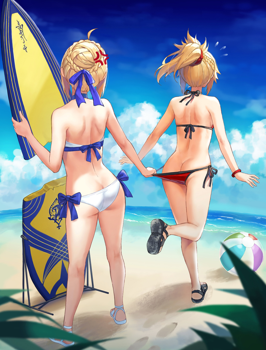 2girls, ahoge, anger_vein, artoria_pendragon_(fate), ass, back, bad_id, bad_twitter_id