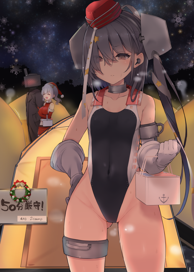 2girls, anchor_symbol, black_one-piece_swimsuit, blush, breasts, brown_eyes, closed_eyes, closed_mouth, collarbone, competition_swimsuit, garrison_cap, gloves, grey_hair, hair_between_eyes, hair_ornament, hat, headgear, highleg, highleg_one-piece_swimsuit, kantai_collection, kashima_(christmas)_(kancolle), kashima_(kancolle), large_breasts, long_hair, multiple_girls, one-piece_swimsuit, open_mouth, red_headwear, rensouhou-chan, santa_costume, santa_hat, scamp_(kancolle), shin_(new), side_ponytail, small_breasts, smile, snowflakes, star_(symbol), star_hair_ornament, swimsuit, tent, twintails, white_gloves
