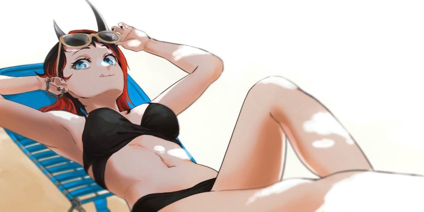 1girl, adjusting_eyewear, alternate_costume, armpits, arms_up, beach_chair, bikini, black_bikini