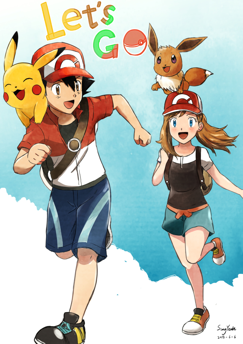 1boy, 1girl, :d, absurdres, ash_ketchum, baseball_cap, black_hair, black_shirt