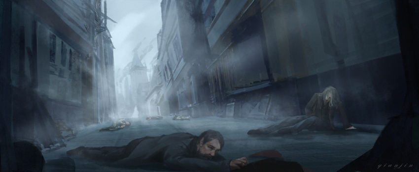 1girl, 2boys, 2others, absurdres, brown_pants, building, chinese_commentary, commentary_request