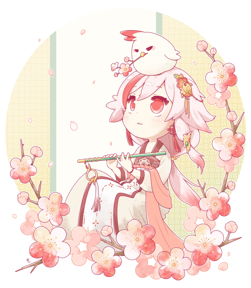 1girl, absurdres, animal, animal_on_head, bird, cherry_blossoms, chicken, china_dress