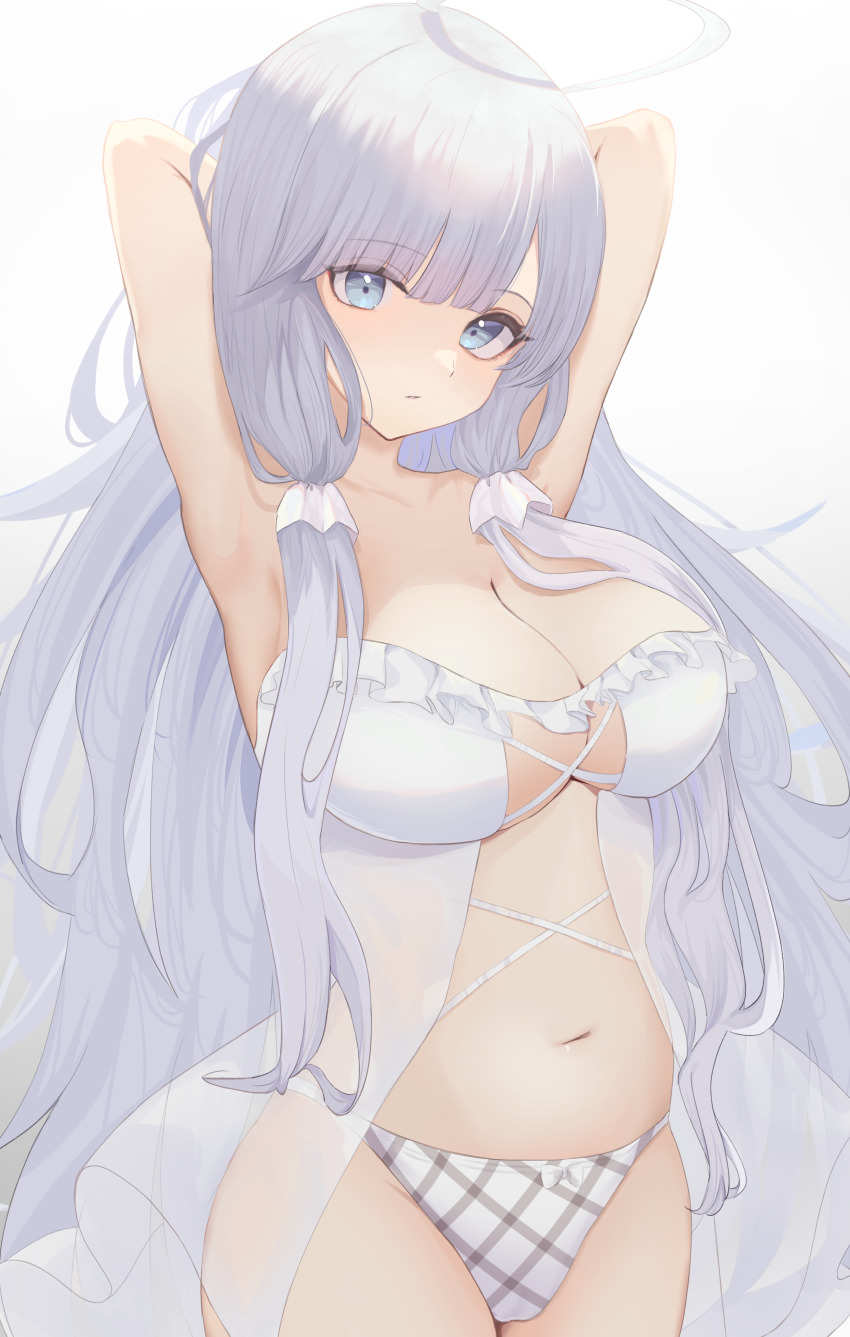 1girl, absurdres, armpits, arms_up, azur_lane, blue_eyes, breasts, cleavage