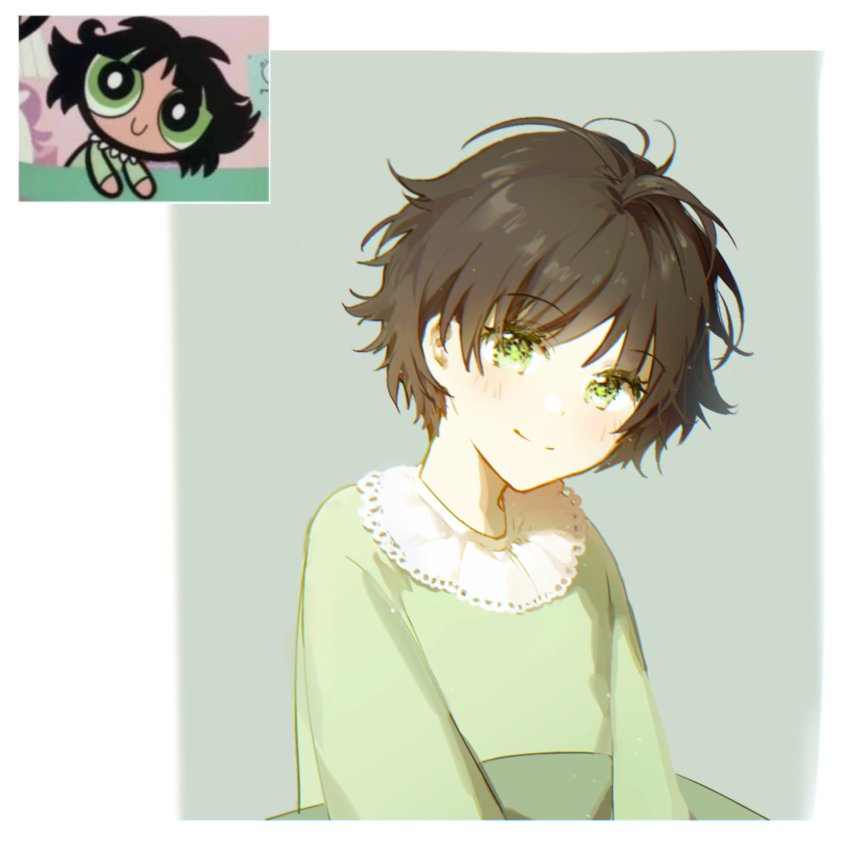 1girl, black_hair, blush, buttercup_redraw_challenge_(meme), derivative_work, green_eyes, green_pajamas, highres, looking_at_viewer, meme, messy_hair, pajamas, powerpuff_girls, reference_inset, screenshot_inset, screenshot_redraw, shadow, short_hair, smile, solo, upper_body, xuanqing0726
