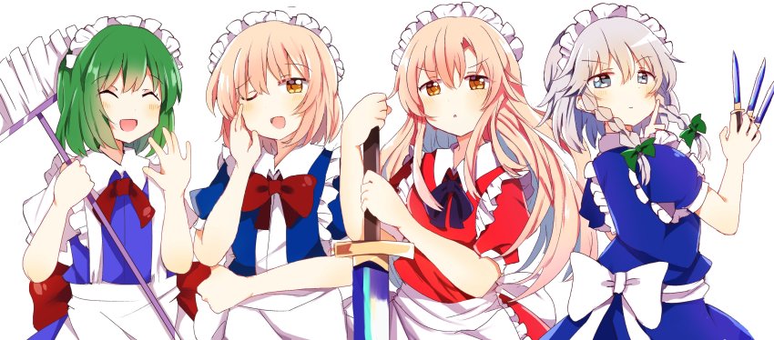 4girls, :o, absurdres, apron, back_bow, between_fingers, black_ribbon, blonde_hair