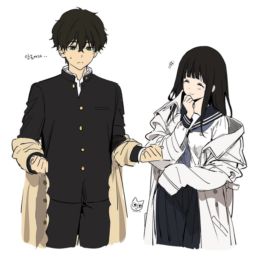 1boy, 1girl, artist_logo, beige_coat, black_sailor_collar, black_skirt, chitanda_eru, coat
