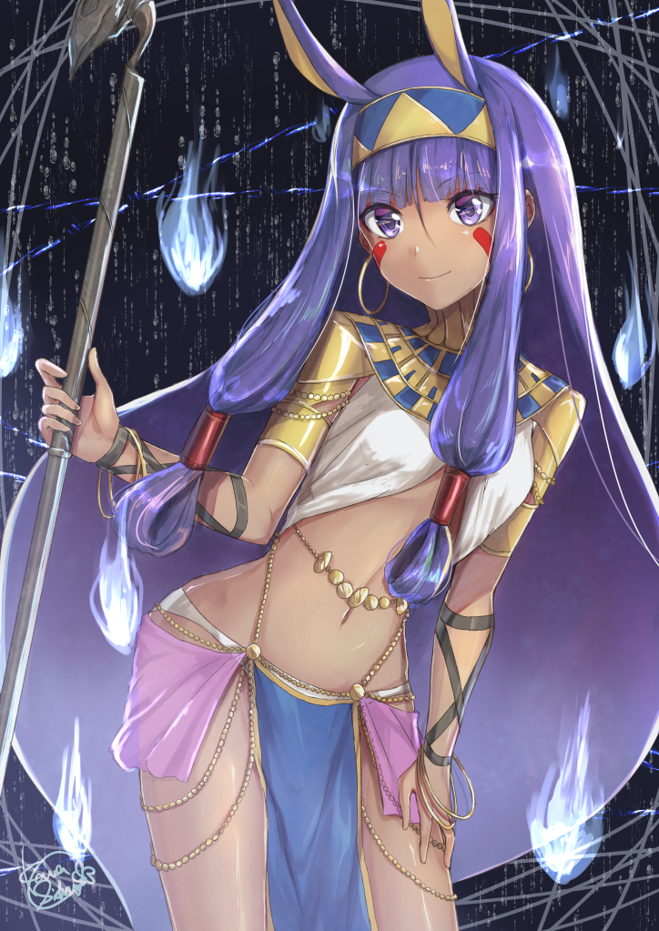 1girl, bare_legs, breasts, dark-skinned_female, dark_skin, eyebrows_hidden_by_hair, fate/grand_order, fate_(series), hairband, holding, holding_staff, long_hair, looking_at_viewer, nitocris_(fate), pointy_ears, purple_eyes, purple_hair, shiohari_kanna, smile, solo, staff, stomach, twintails, veilrain, very_long_hair