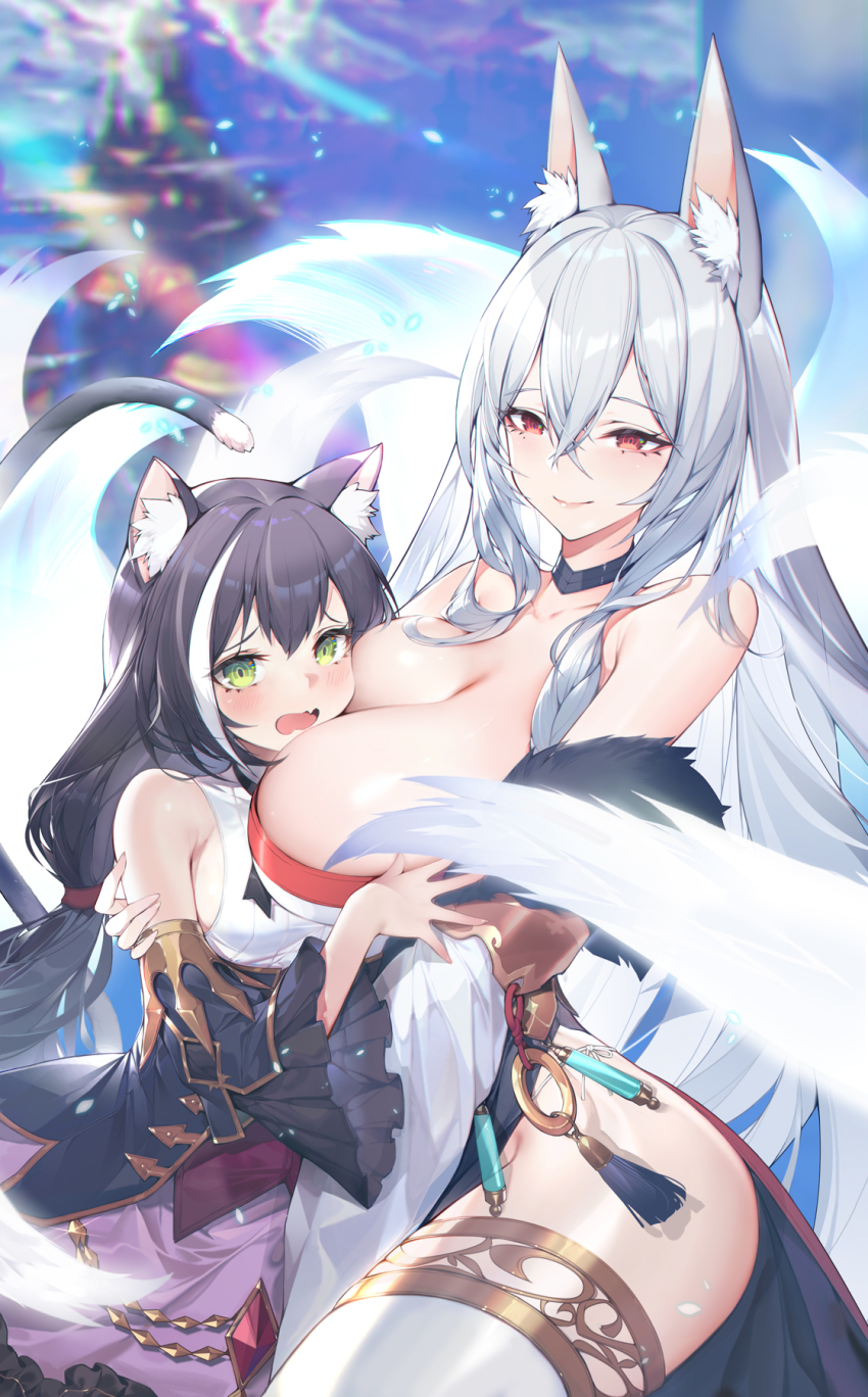 2girls, animal_ear_fluff, animal_ears, bare_hips, breast_press, breasts, calder, cleavage, crossed_bangs, dress, face_to_breasts, fox_ears, fox_girl, hair_between_eyes, highres, holding, hug, karyl_(princess_connect!), large_breasts, long_hair, looking_at_viewer, multiple_girls, princess_connect!, senri_mana, side_slit, small_breasts, tail, thick_thighs, thighhighs, thighs, very_long_hair, white_hair, white_legwear