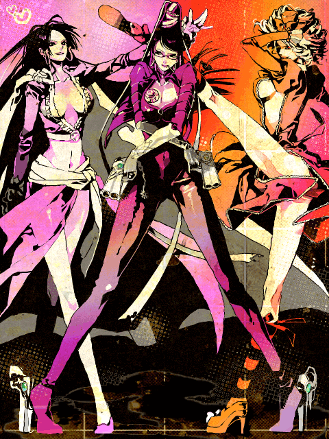 00s, 3girls, bad_id, bad_pixiv_id, bayonetta, bayonetta_(series), bayonetta_1, black_hair, blonde_hair, boa_hancock, breasts, cape, center_opening, cleavage, crossover, dress, drill_hair, dual_wielding, earrings, frills, gaap_(umineko), glasses, gun, hat, high_heels, holding, jewelry, large_breasts, long_hair, mini_hat, mini_top_hat, mochizuki_akari, multiple_girls, no_bra, one_piece, red_dress, red_skirt, shoes, sideboob, skirt, socks, striped_clothes, striped_legwear, striped_socks, top_hat, trait_connection, umineko_no_naku_koro_ni, weapon