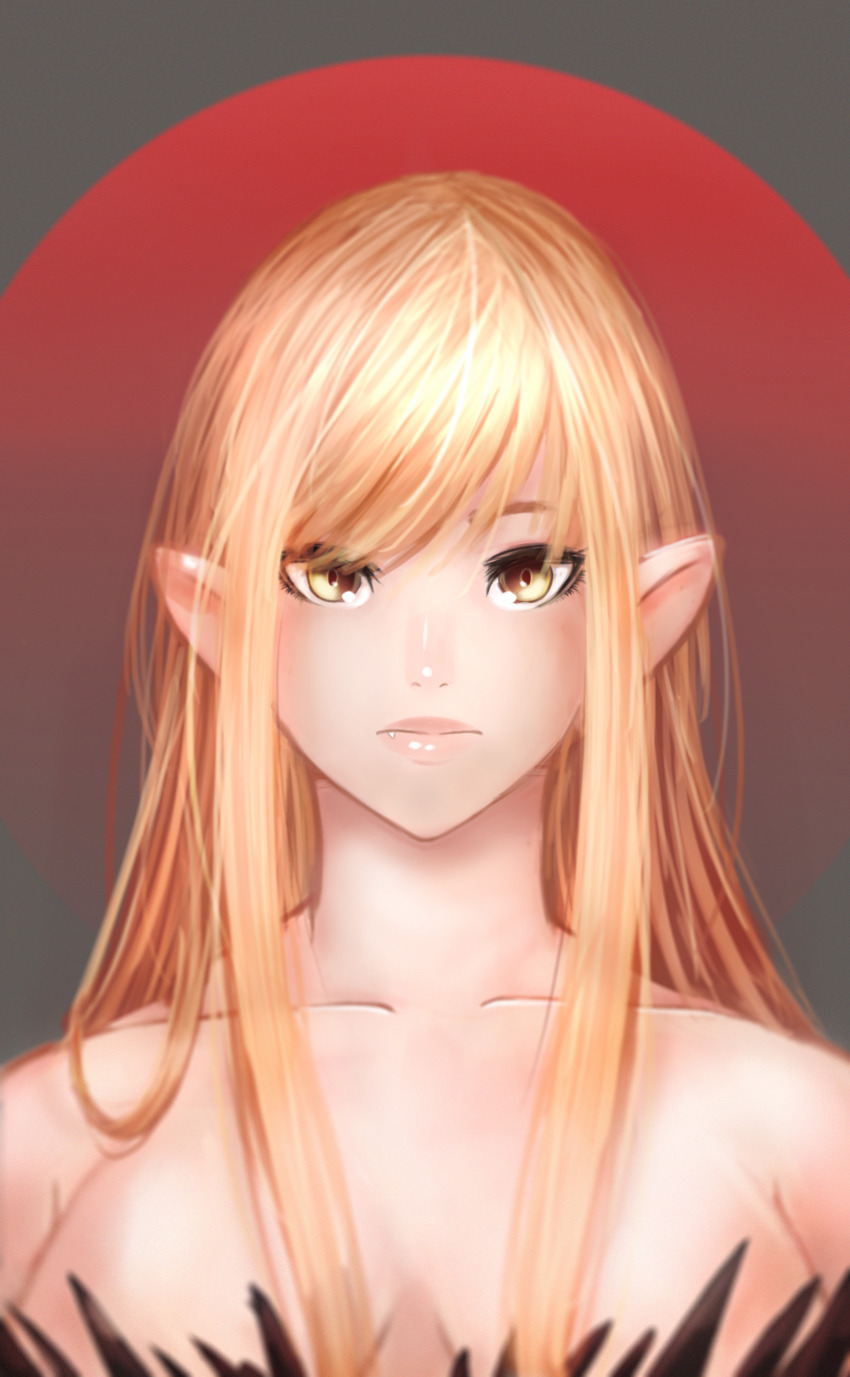 1girl, absurdres, blonde_hair, breasts, fang, feather-trim, highres, kazuno