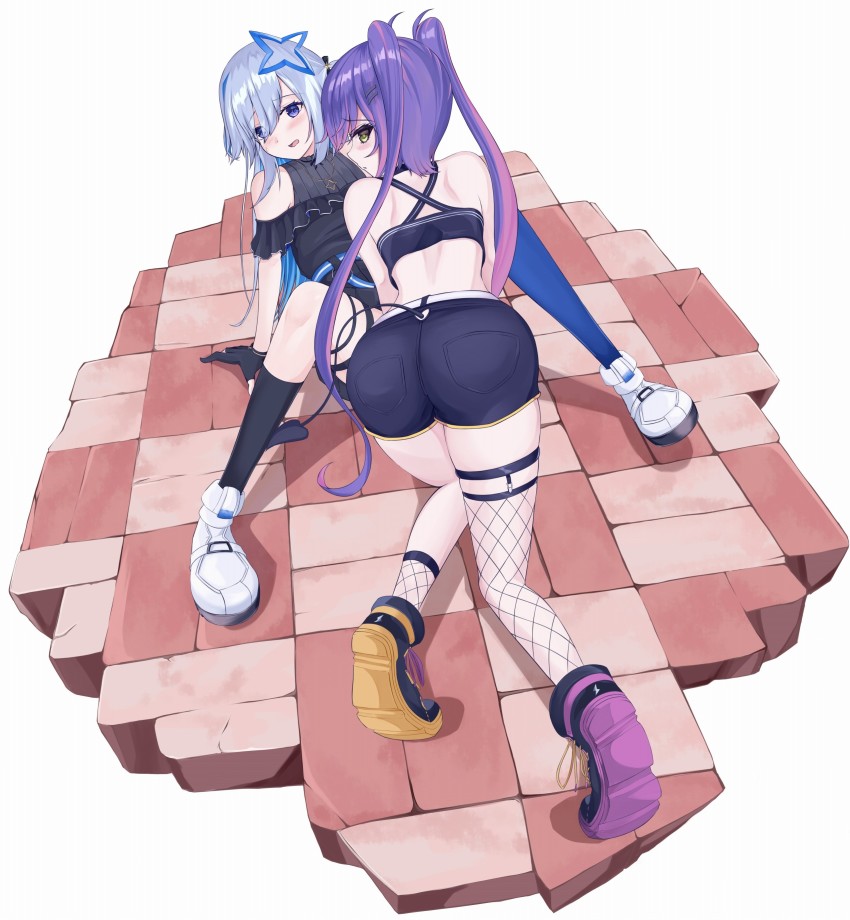 2girls, absurdres, all_fours, amane_kanata, ass, asymmetrical_footwear, asymmetrical_legwear, blue_eyes