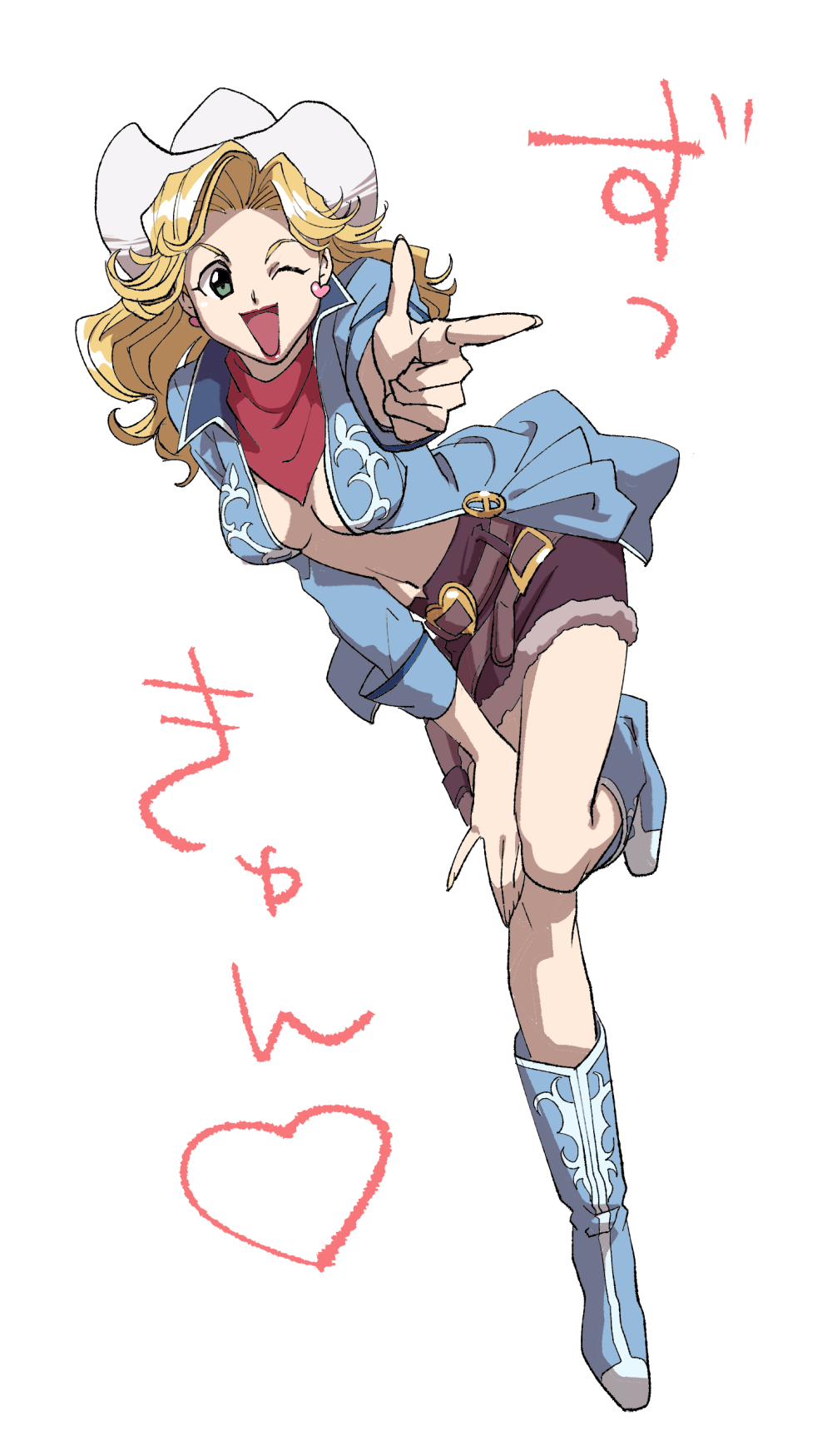 1girl, boots, breasts, cowboy_bebop, cowboy_hat, female_focus, finger_gun, green_eyes