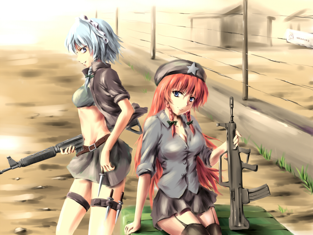 2girls, alternate_costume, assault_rifle, bad_id, bad_pixiv_id, belt, beret, bikini, bikini_top_only, black_thighhighs, blue_eyes, bow, braid, breasts, bullpup, cleavage, contemporary, crop_top, fangdan_runiu, female_focus, fence, garter_straps, gun, hair_bow, hat, hong_meiling, izayoi_sakuya, jacket, knife, long_hair, machine_gun, maid_headdress, medium_breasts, midriff, multiple_girls, outdoors, qbz-03, qbz-95, red_hair, rifle, short_hair, silver_hair, sitting, skirt, sleeves_rolled_up, smile, star_(symbol), swimsuit, thigh_strap, thighhighs, throwing_knife, touhou, twin_braids, weapon, zettai_ryouiki