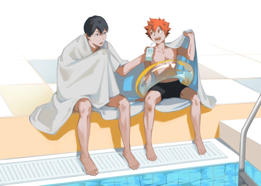 2boys, black_hair, black_male_swimwear, black_swim_trunks, bn3ppo, commentary_request, drink_carton, drinking_straw, haikyuu!!, highres, hinata_shouyou, holding_carton, innertube, kageyama_tobio, looking_at_another, male_focus, male_swimwear, milk, milk_carton, multiple_boys, open_mouth, orange_hair, pool, pool_ladder, poolside, shared_towel, sharing, sitting, swim_ring, swim_trunks, swimsuit, towel