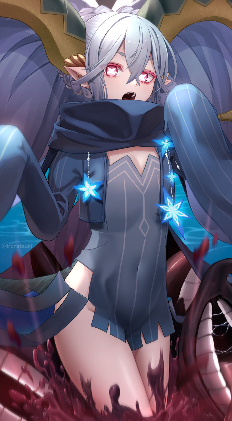 +_+, 1girl, black_dress, black_scarf, braid, breasts, covered_navel, crown_braid, curled_horns, dress, fate/grand_order, fate/grand_order_arcade, fate_(series), hair_between_eyes, highres, horns, ironatsuki, lahmu_(fate), larva_tiamat_(fate), larva_tiamat_(second_ascension)_(fate), long_hair, long_horns, long_sleeves, looking_at_viewer, monster, open_mouth, pantyhose, pink_eyes, pointy_ears, scarf, sidelocks, silver_hair, sleeves_past_fingers, sleeves_past_wrists, small_breasts, symbol-shaped_pupils, tail, teeth, thighs, tiamat_(fate), twintails, very_long_hair, white_pantyhose