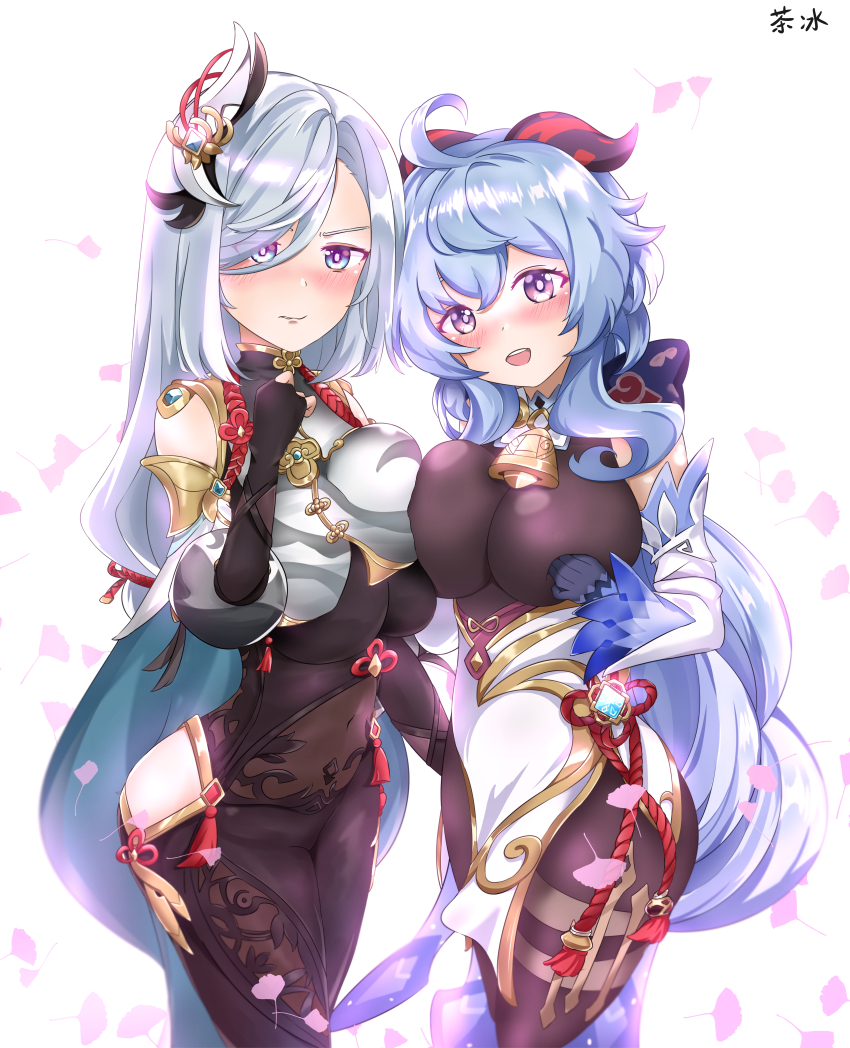 2girls, :d, absurdres, ahoge, armpit_crease, bare_shoulders, bell, black_bodysuit, black_gloves, black_legwear, blue_eyes, blue_hair, blush, bodystocking, bodysuit, braid, breast_press, breasts, chinese_knot, closed_mouth, clothing_cutout, commentary, covered_erect_nipples, covered_navel, cowbell, crop_top, crop_top_overhang, curled_horns, detached_sleeves, elbow_gloves, english_commentary, falling_leaves, fingernails, ganyu_(genshin_impact), genshin_impact, ginkgo_leaf, gloves, gluteal_fold, goat_horns, gold_trim, hair_ornament, hair_over_one_eye, highres, hip_vent, horns, jewelry, kiiyodex, large_breasts, leaf, leotard, leotard_under_clothes, long_hair, long_sleeves, looking_at_viewer, low-braided_long_hair, low-tied_long_hair, multiple_girls, navel, neck_bell, open_mouth, pantyhose, partially_fingerless_gloves, puffy_long_sleeves, puffy_sleeves, purple_eyes, shenhe_(genshin_impact), shoulder_cutout, side_cutout, sidelocks, silver_hair, simple_background, smile, standing, symmetrical_docking, tabard, tassel, teeth, thighlet, upper_teeth_only, very_long_hair, waist_cape, white_background, white_sleeves