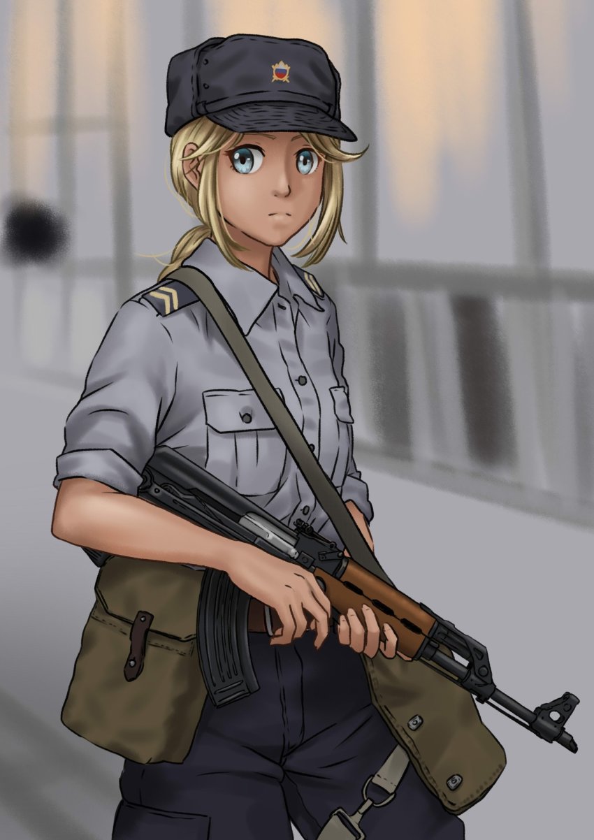 1girl, assault_rifle, bag, belt, belt_buckle, blonde_hair, blue_eyes, blue_hat