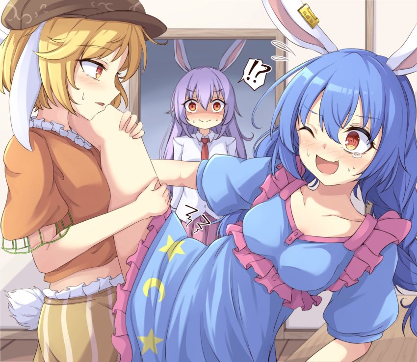 !?, 3girls, ;d, @_@, animal_ears, arm_support, blue_dress, blue_hair, blush, braid, breasts, brown_headwear, buttons, newsboy_cap, closed_mouth, collarbone, collared_shirt, commentary_request, dress, dry_humping, ear_tag, fang, floppy_ears, frills, hat, highres, humping, leg_grab, legs, light_purple_hair, long_hair, medium_breasts, meme, midriff, midriff_peek, misunderstanding, multiple_girls, necktie, neko_mata, one_eye_closed, open_mouth, orange_shirt, parted_bangs, pink_skirt, pleated_skirt, puffy_short_sleeves, puffy_sleeves, rabbit_ears, rabbit_tail, red_eyes, red_necktie, reisen_udongein_inaba, ringo_(touhou), seiran_(touhou), sexually_suggestive, shaded_face, shirt, short_hair, short_sleeves, shorts, skin_fang, skirt, smile, split, standing, standing_on_one_leg, standing_split, striped_clothes, striped_shorts, sweatdrop, table, tail, tears, thighs, touhou, twin_braids, walk-in, white_shirt, wing_collar, wooden_floor, wooden_table, yellow_shorts, yuri