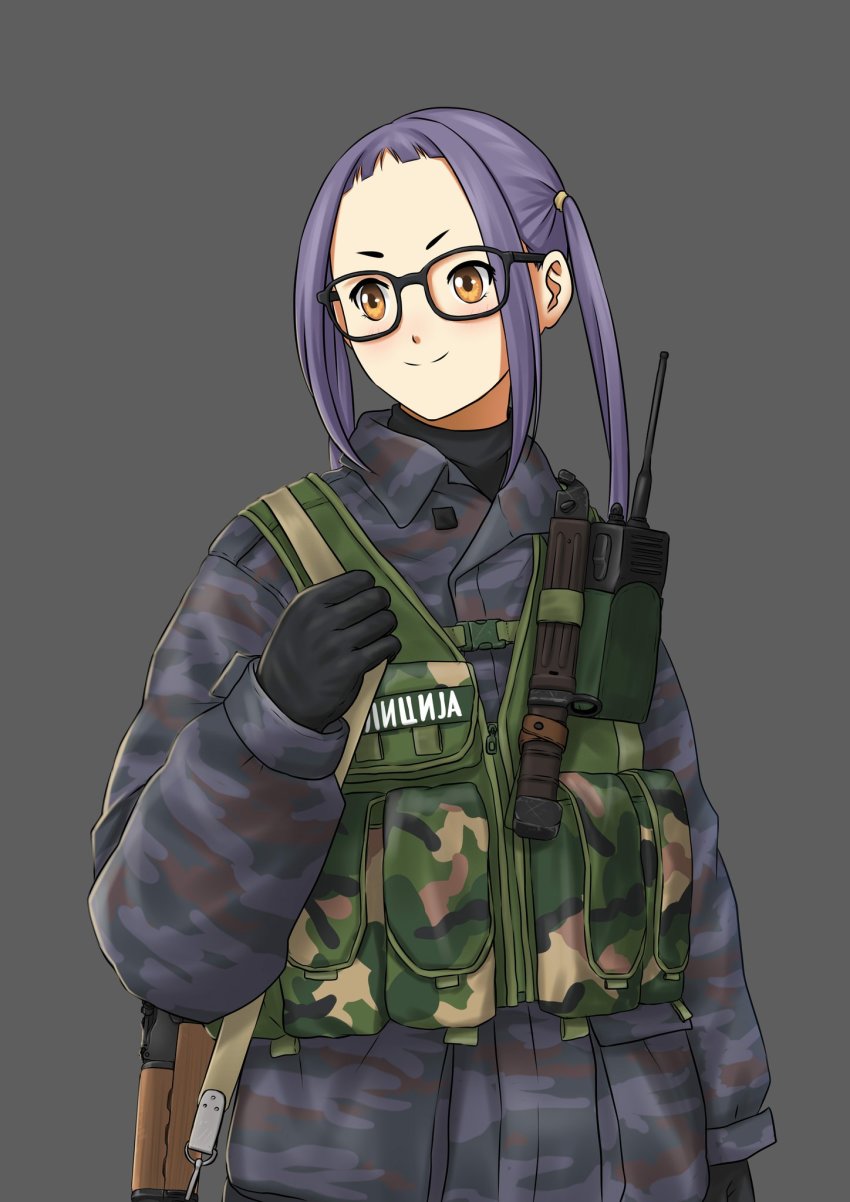 1girl, assault_rifle, black-framed_eyewear, black_gloves, black_sweater, blue_jacket, brown_eyes, camouflage