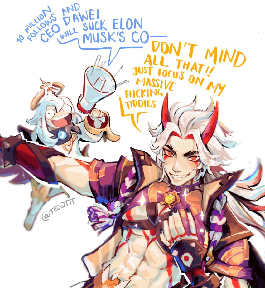 1boy, 1girl, abs, arataki_itto, artist_name, black_nails, bodypaint, boots, bracelet, check, collar, commentary, crown, ear_piercing, english_commentary, english_text, facepaint, fangs, fingerless_gloves, floating, forehead, genshin_impact, gloves, grin, hair_between_eyes, halo, highres, horns, japanese_clothes, jewelry, long_hair, mechanical_halo, megaphone, muscular, muscular_male, nail_polish, o-ring, o-ring_collar, oni, oni_horns, open_mouth, outstretched_arm, paimon_(genshin_impact), piercing, profanity, red_eyes, scarf, sidelocks, simple_background, smile, sparkle, speech_bubble, spiked_bracelet, spiked_collar, spikes, tassel, tecotit, teeth, thick_eyebrows, thigh_boots, thighhighs, tongue, tsurime, twitter_username, upper_body, vambraces, vision_(genshin_impact), white_background, white_footwear, white_hair