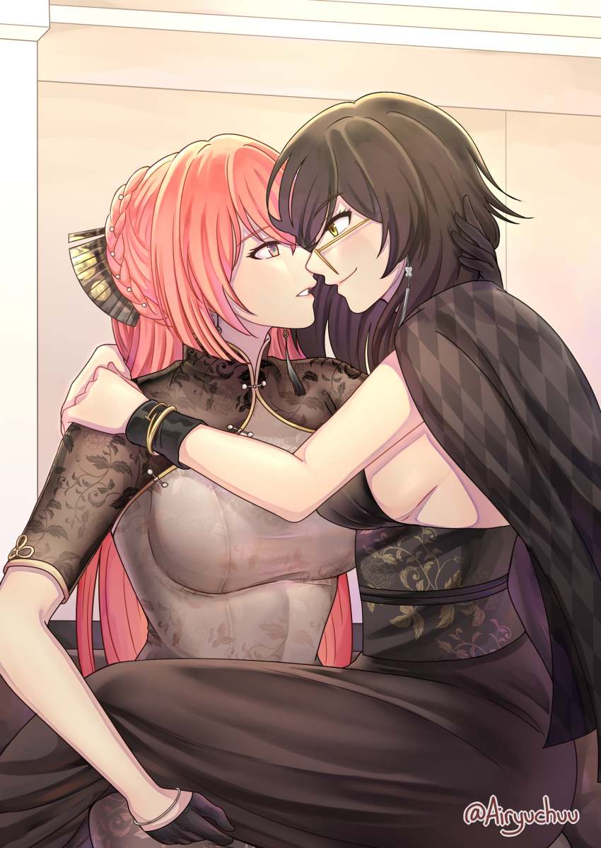 2girls, absurdres, artist_name, azur_lane, black_gloves, black_shirt, braid, breasts