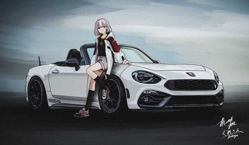 1girl, abarth, absurdres, bad_id, bad_pixiv_id, black_shirt, bokuya, car, commission, fiat_124_spider, green_eyes, grey_eyes, grey_hair, grey_shorts, highres, idolmaster, idolmaster_shiny_colors, jacket, medium_hair, motor_vehicle, serizawa_asahi, shirt, shoes, shorts, signature, skeb_commission, smile, sneakers, sports_car, thank_you, vehicle_focus, white_jacket