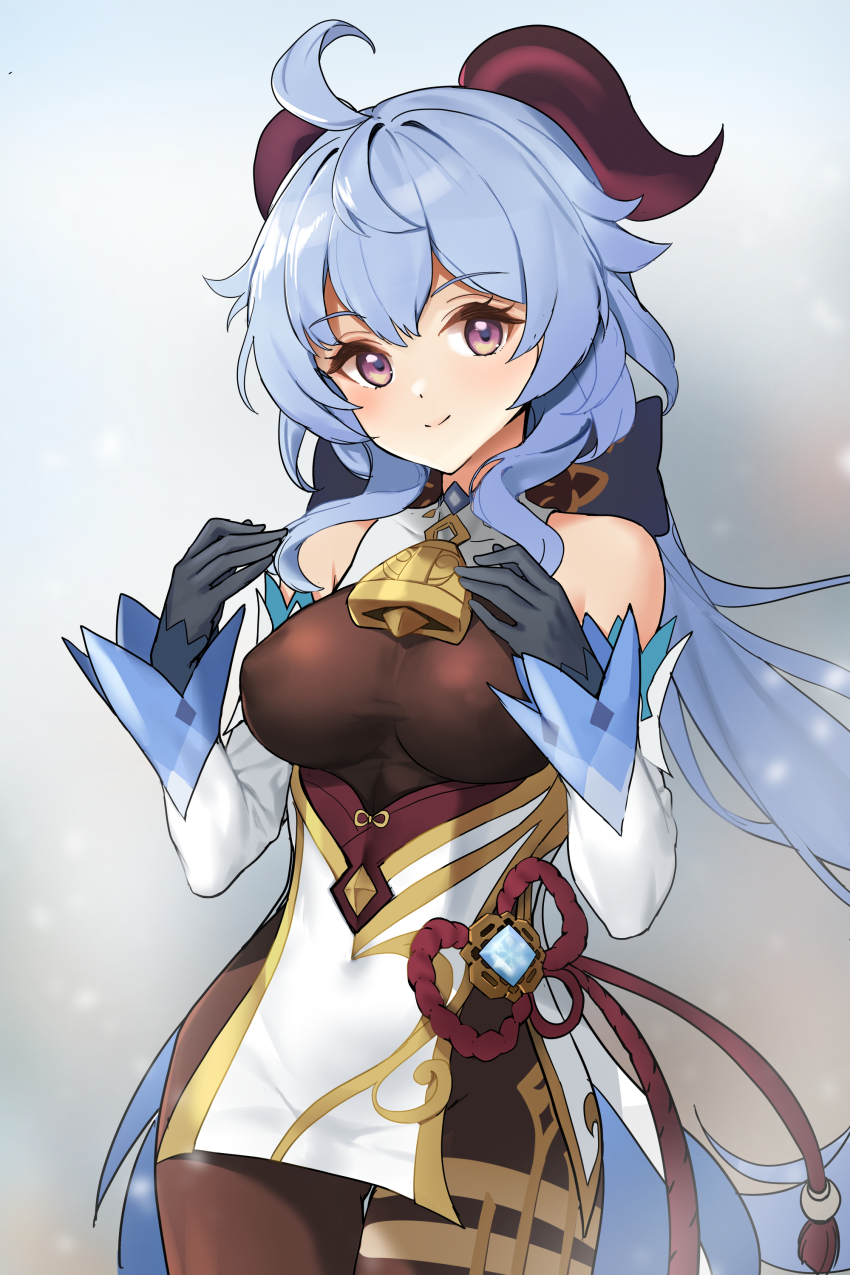 absurdres, ahoge, arms_up, bare_shoulders, bell, black_gloves, black_pantyhose, blue_hair
